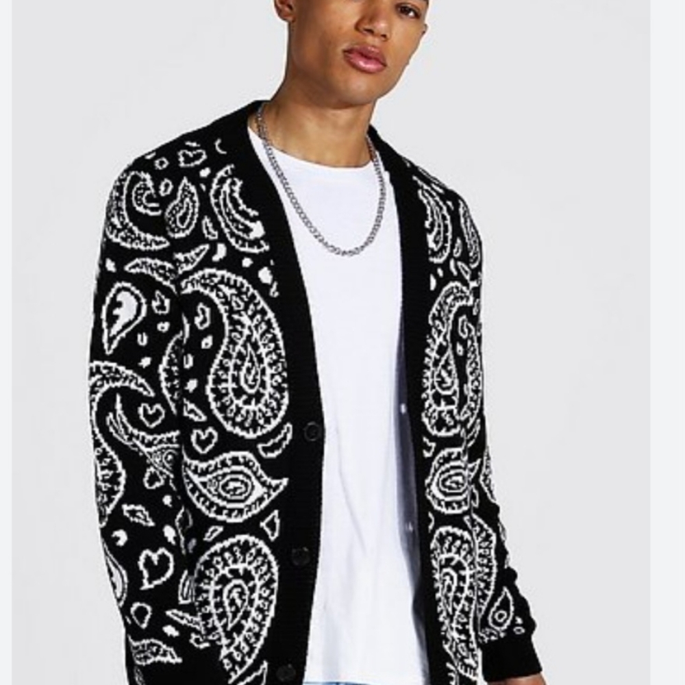 Boohoo Man Black and White Paisley Cardigan M